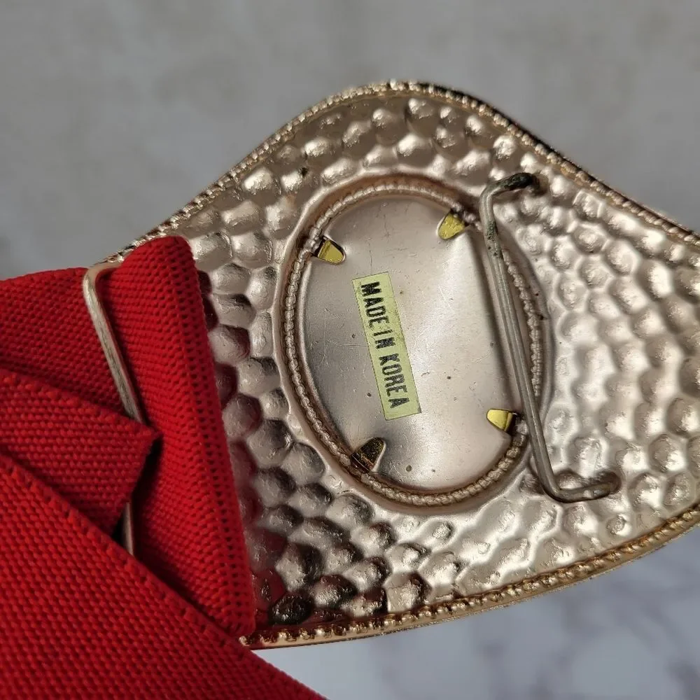 Vintage 80s Red Stretch Belt with Hammered Metal Gold Buckle Red Gem